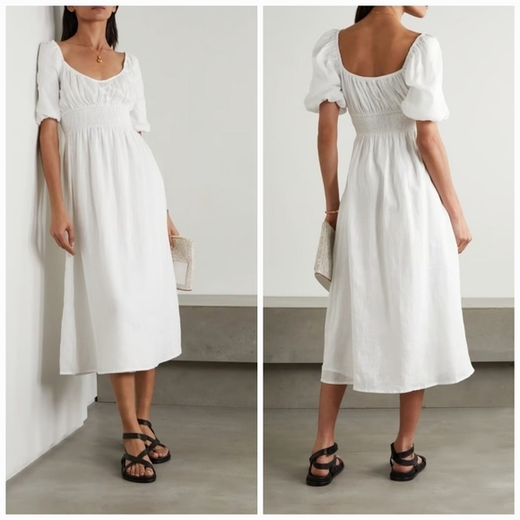 Faithful the Brand Shay Shirred White Linen Prairie Dress - Picture 1 of 7